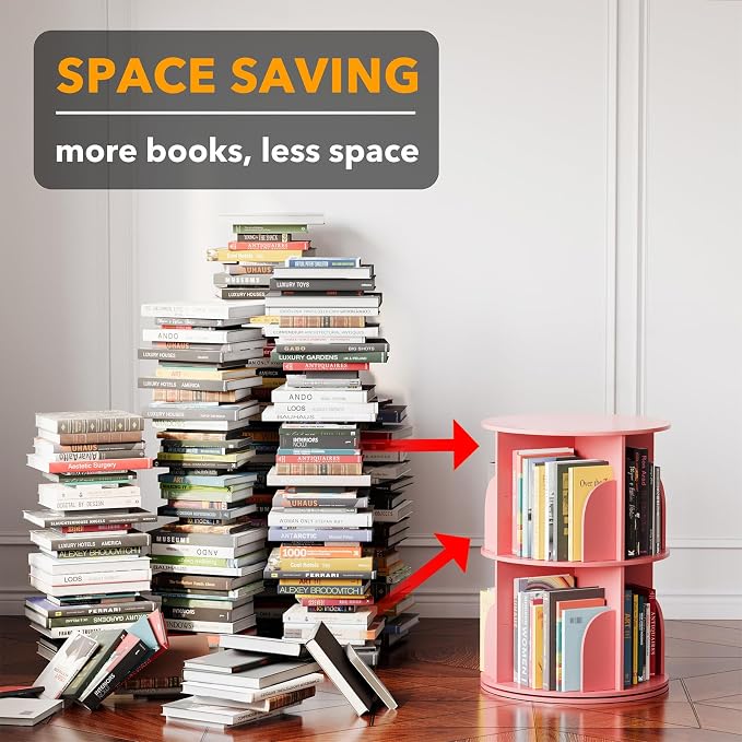 SpaceAid 2 Tier Rotating Bookshelf Tower, Spinning Bookcase Lazy Susan, Revolving 360 Book Shelf Storage Round Carousel, Vertical Rotate Turning Spiral Corner Organizer, Pink