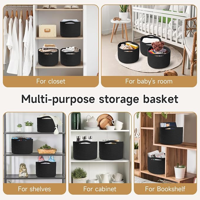 Small Rope Baskets for Storage, Baskets for Gifts Empty, Cute Round Woven Basket, Decorative Shelf Baskets 9.82×9.82×7.1", Cotton Toy Basket Storage Bins for Organizer-Black