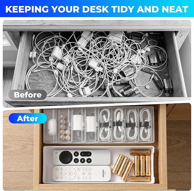 Large Cable Organizer Box with 8 Clear Switch Case, 1 Pack Clear Phone Charger Cable Organizer Box for Home Office Desk Accessories Wire Organization Stationery Supplies (white)