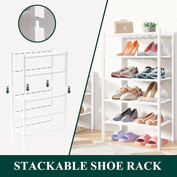 Smiry Bamboo Shoe Rack for Closet, 2 Tier Long Wooden Shoe Organizer, Stackable Wood Shoe Storage Shelf for Entryway, 14 Vertical Slats, One-piece Heavy-Duty Legs, 33.86"x11.02"x12.99", White