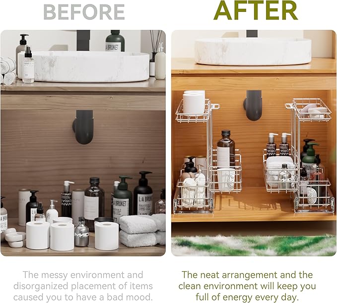 2 Tier Under Sink Organizer 11" W X18 D, Pull Out Cabinet Organizer One Removable Basket, Under Sink Slide Out Chrome Plated, Under Kitchen Bathroom Sink Organizer, 1 Pack