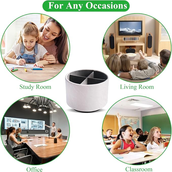 Round Leather Art Supply Organizer,Remote Control Holder,360 Degree Spinning,Multi-Functional Pencil Holder,4 Compartments Desktop Stationary Organizer(1-Hill White)