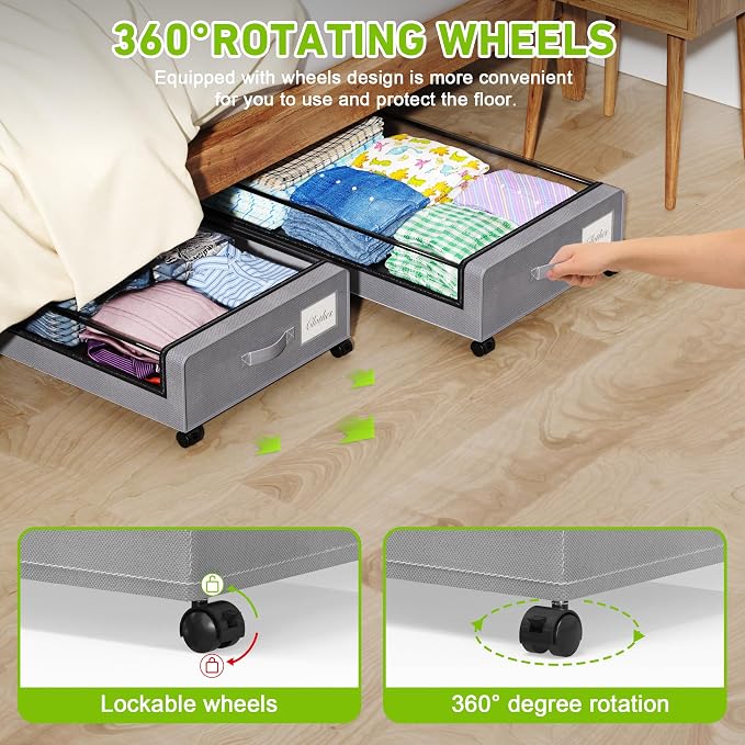 Tututry Under Bed Storage with Wheels, XXL 60L Under the Bed Storage Bins, Underbed Storage Containers with Lids & Label, Rolling Metal Drawer for Shoes, Clothes, Books, Toys (2-Pack Gray)