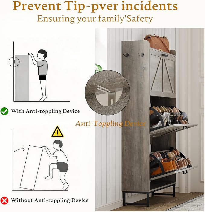 Wodeer Shoe Cabinet Storage for Entryway, Shoe Storage Cabinet with 3 Flip Drawers, Freestanding Narrow Shoe Rack Organizer with Metal Legs & Side Hook for Foyer, Hallway, Grey