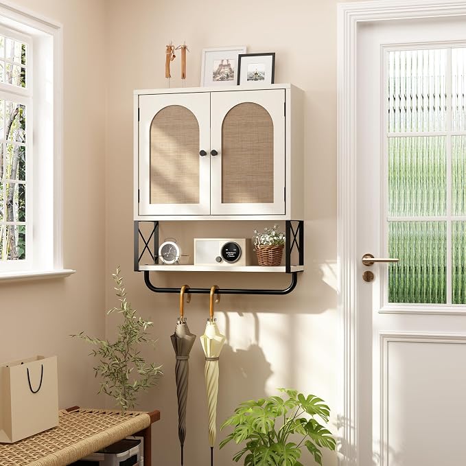 RUSTOWN Rattan Bathroom Wall Cabinet, Boho Over The Toilet Storage Cabinet | Arched Rattan Doors, Modern Medicine Cabinet, Adjustable Shelves, Towel Bar, Vintage White