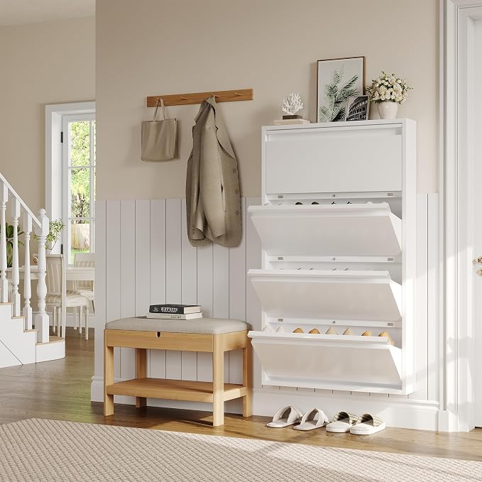 Garvee Slim Metal Shoe Cabinet with 4 Flip Drawers, Narrow Shoe Storage for Entryway, Wall Mounted or Floor Standing, Detachable Bottom Corners for Flexible Placement, Anti-Tip Safety Wall Mount