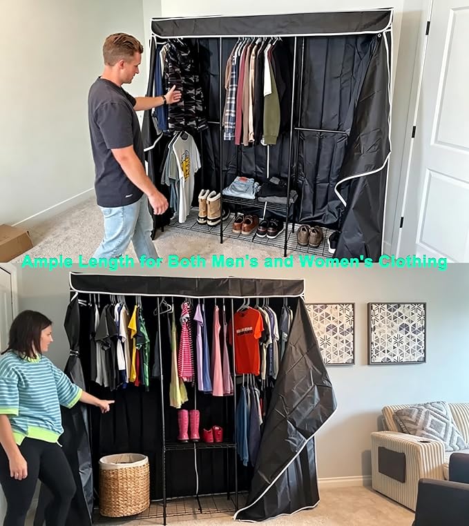 SEMHOR K01C Heavy Duty Clothes Rack with Cover Black, Max Load 860LBS | Freestanding Portable Closet System with Shelves, Adjustable Carbon Steel Garment Rack, Clothing Racks for Hanging Clothes