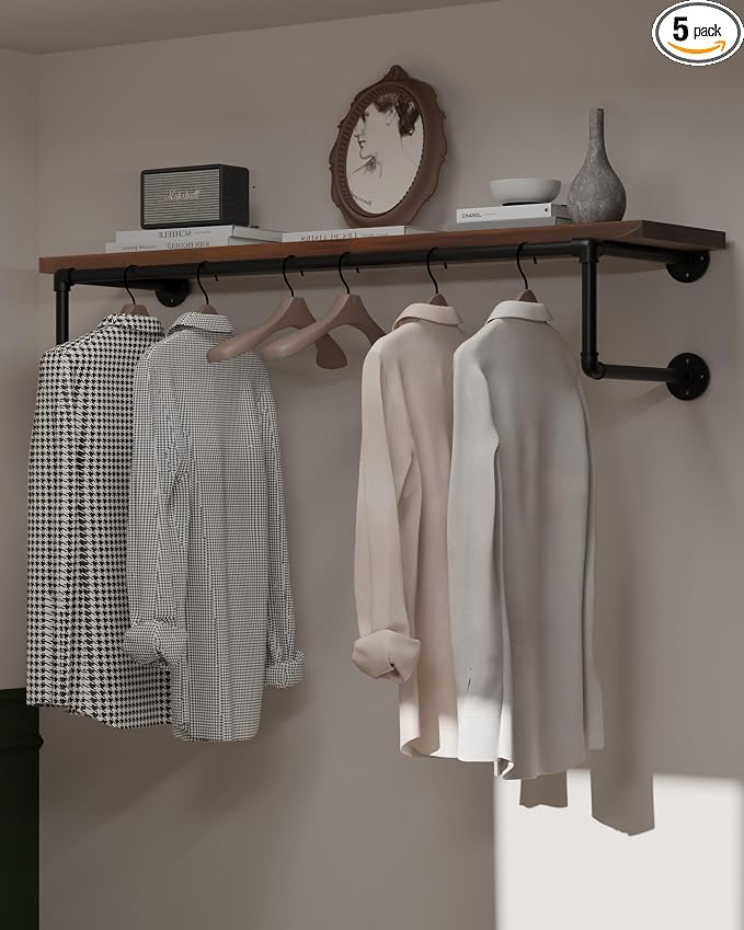Clothes Rack 42in, Wall Mounted Garment Racks with Real Walnut Wood Shelf, Heavy Duty Hanging Clothes Rack, Multi-Purpose Hanging Rod, Space-Saving Closet Storage