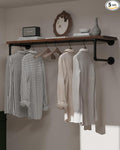 Clothes Rack 42in, Wall Mounted Garment Racks with Real Walnut Wood Shelf, Heavy Duty Hanging Clothes Rack, Multi-Purpose Hanging Rod, Space-Saving Closet Storage