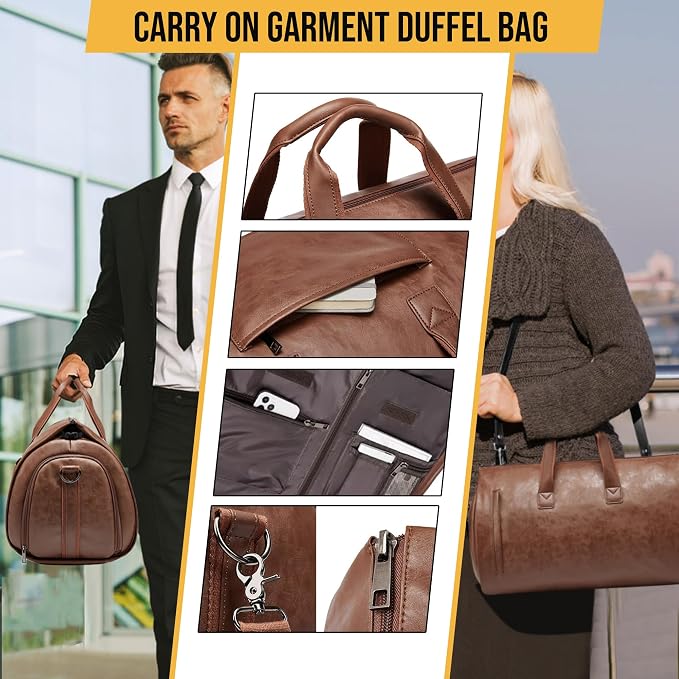 Convertible Garment Bag, Brown | 2-in-1 Hanging Suitcase, Carry on Garment Duffel, Shoulder Strap, Shoe Compartment, Men's Women's Travel