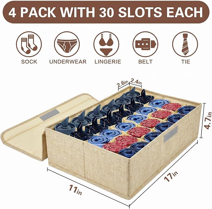 PINGMIC Beige Sock Organizer Divider 2 Pack with Lid - 30 Cell Foldable Closet Storage, Tie Organizer For Men Boxes for Socks, Ties, Belts