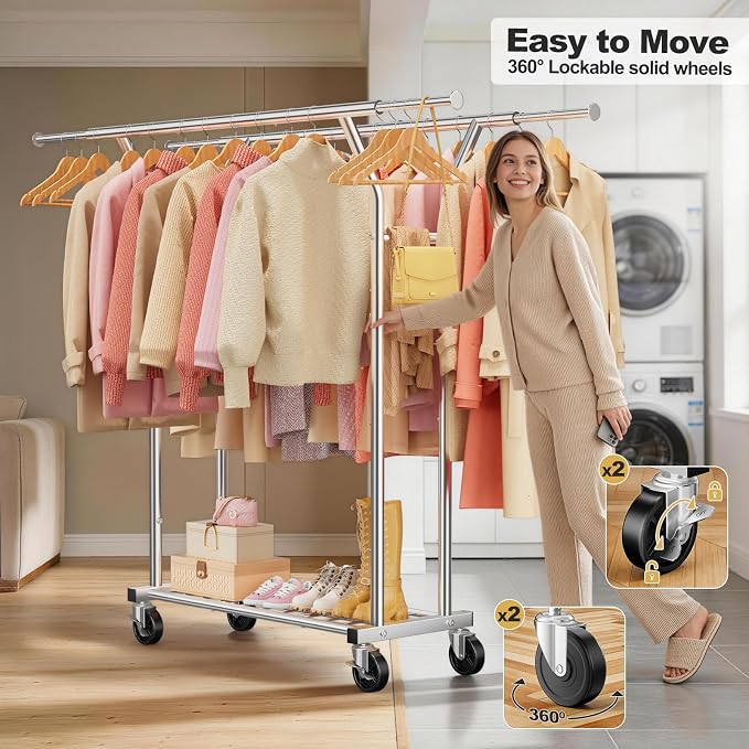 Heavy Duty Rolling Garment Rack, Double Rod Clothing Organizer, Silver | Supports up to 500 lbs, extendable double hanging rod, lockable wheels, storage shelves for bedroom, laundry, and living room