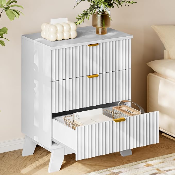 BORNOON 30.5" Nightstand with Charging Station, 3-Drawer Fluted Bedroom Chest, Wood Bedside Dresser with Power Outlets and USB Ports, Metal Slides, Stable Base, Modern Storage Cabinet for Small Spaces