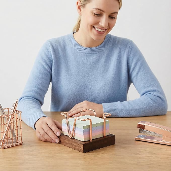 Wood Sticky Note Holder, 3 x 3 inch Self-Stick Note Memo Pad Holder for Desk, Notepad Dispenser for School Office, Rose Gold