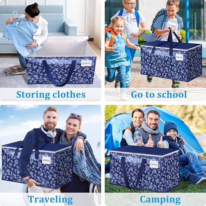HomeHacks Moving Bags, Extra Large Size Moving Boxes, Heavy Duty Luggage Bags with Smooth Zipper and Sturdy Handles, Large Capacity & Easy Loading Storage Totes for Space Saver 100L, 4-Pack, Blue