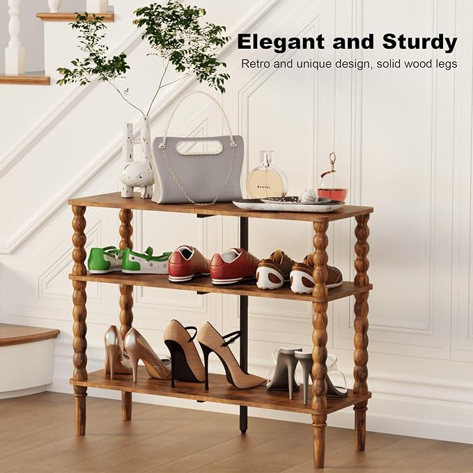 Veegle Shoe Rack,3 Tier Shoe Organizer with Solid Wood Legs for Closet, Entryway, Garage & Corridor, Easy Assembly Shoe Shelves,Rustic Brown