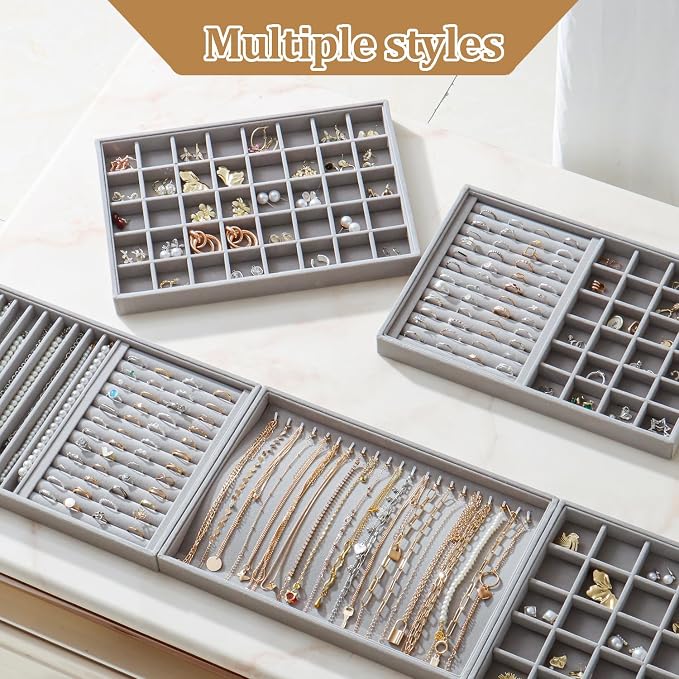 Large Jewelry Organizer for Drawer Insert Velvet Stackable Jewelry Trays for Earring Necklace Bracelet Ring Display (Gray, Ring and 24 Grids)