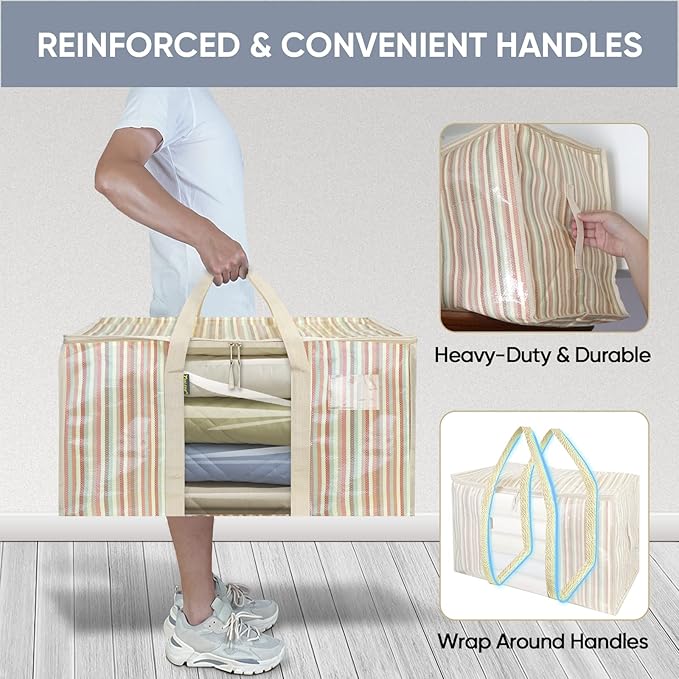 BALEINE 2-Pack Oversized Moving Bags with Reinforced Handles, Heavy-Duty Storage Tote Moving Supplies for Packaging, Camping (Color Stripe, 2-Pack)