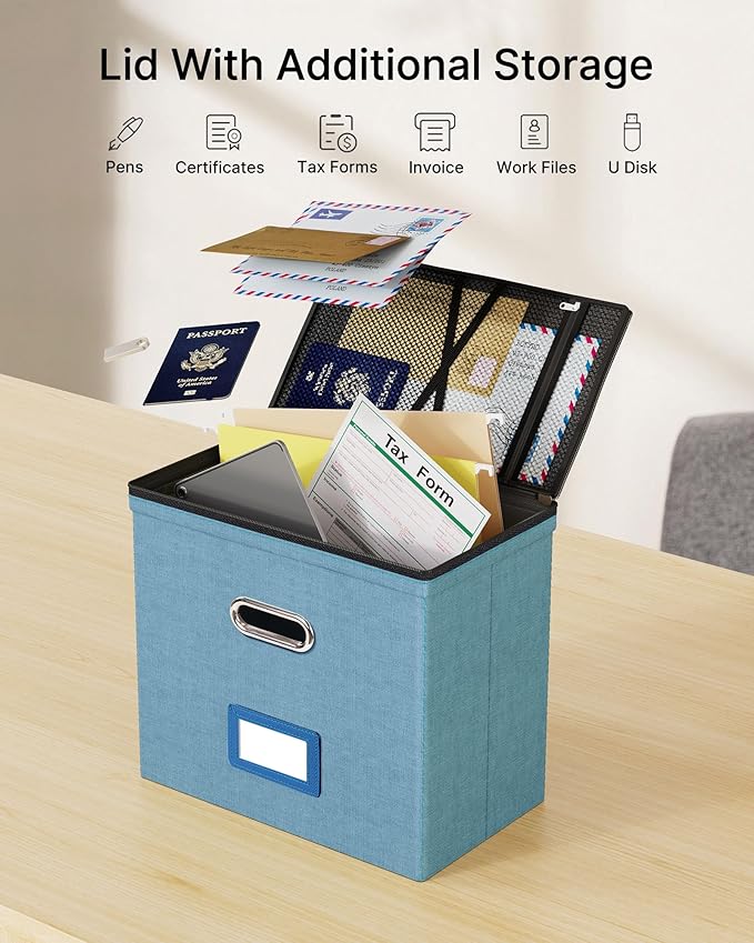 Oterri File Organizer Boxes with Lids, File Box with Mesh Pockets, Document Organizer Box for Letter Size Folders, Zippers Important Document Organizer (Denim, Small-2 Pack Without Folders)
