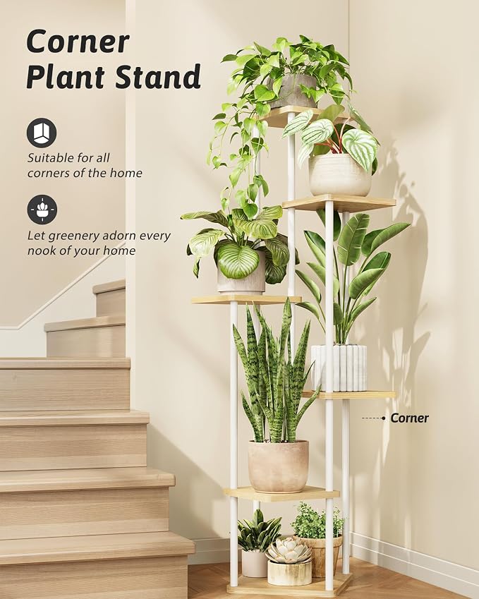 GENTINGBRO Tall Plant Stand Indoor 6 Tiered Plant Shelf for Multiple Plants Coner Shelf Stand Wood Plant Stand Metal Shelving for Living Room Bedroom Balcony Patio White