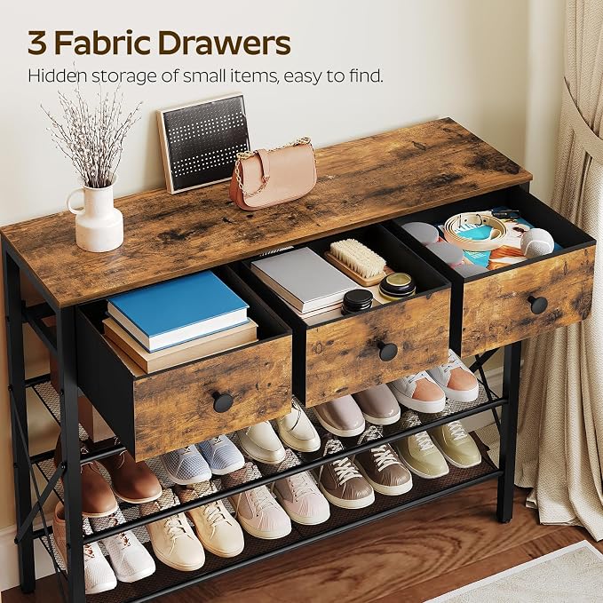 YATINEY 4-Tier Shoe Rack with 3 Drawers, Metal Shoe Organizer for 15 Pairs with Storage Shelves and Wooden Top, for Entryway, Hallway, Foyer, Closet, Rustic Brown and Black SS34BR