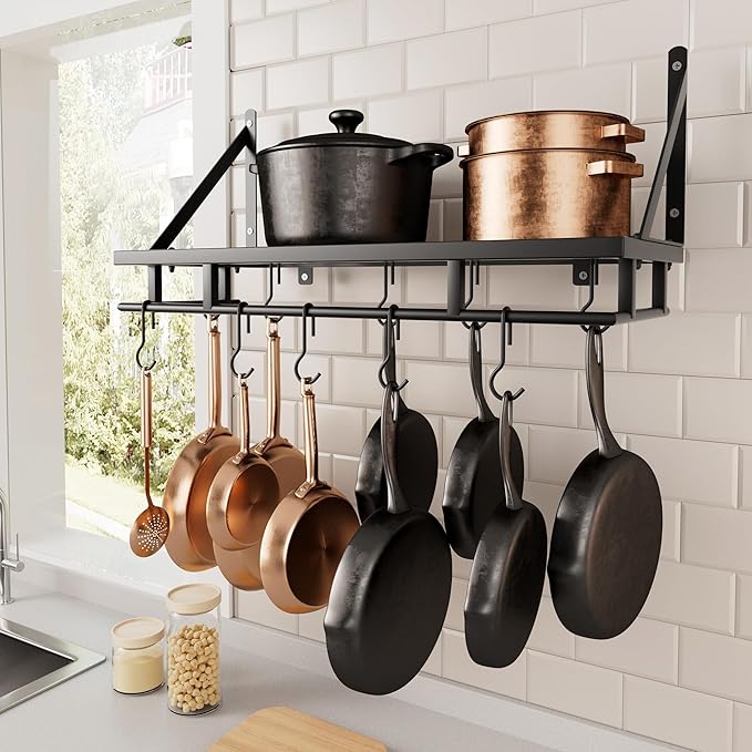 KES 24 Inch Kitchen Pot Pan Rack Wall Mounted, 10 Hooks, Matte Black | 88lbs Load Capacity, Heavy Duty, Cast Iron Pots and Pans Organizer, Hanging Storage, Wall Shelf, Space Saving, KUR215S60-BK