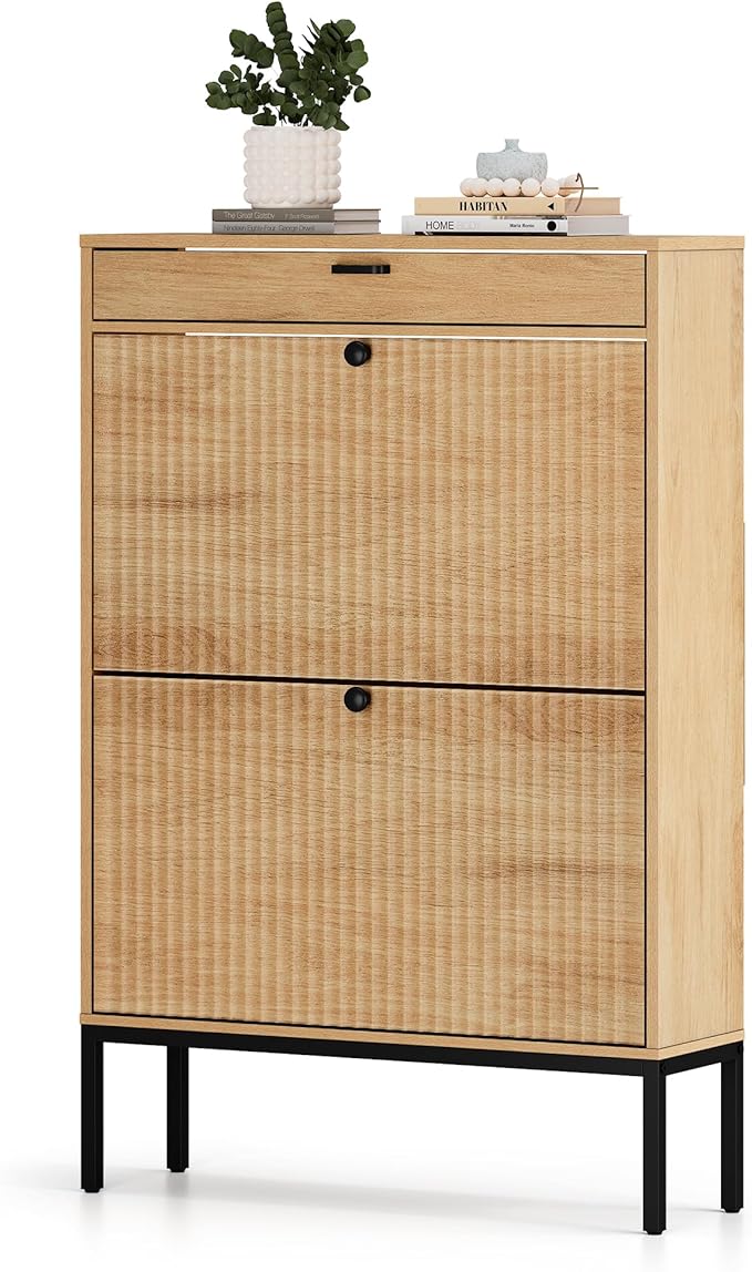 XIAO WEI Shoe Cabinet, Shoe Storage Organizer Cabinet with 2 Flip Wavy Line Drawers, Freestanding Shoe Rack with Adjustable Shelf for Entryway, QH242-1