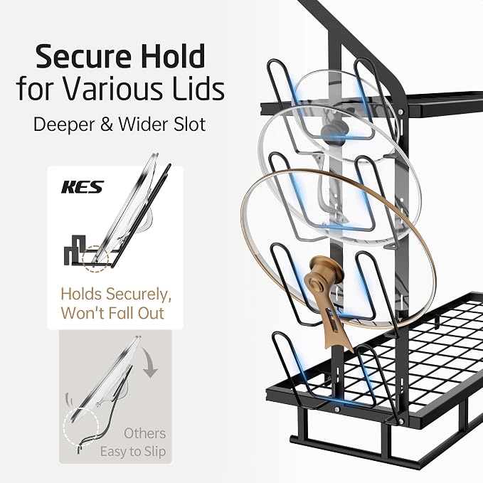 KES 30-Inch Pot Rack Wall Mounted, 8 Secure Lid Holders & 12 Sturdy Hooks | 2-Tier Kitchen Hanging Pot and Pan Organizer, Ample Storage for Tall Cookware, KUR215S75C-BK