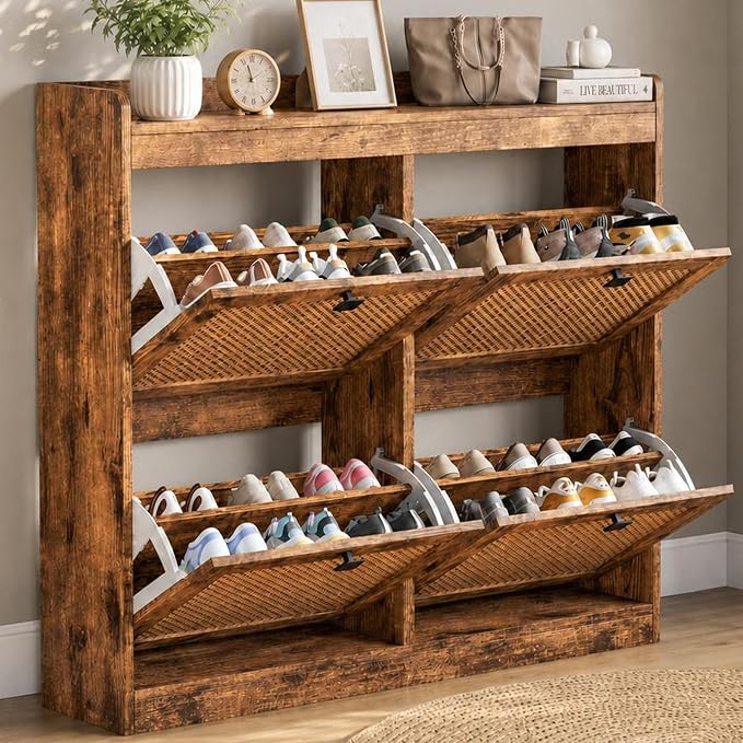 Garvee Shoe Storage Cabinet with 4 Flip Drawers, Wood Shoe Cabinet with Rattan Doors and Adjustable Shelves- Freestanding Shoe Organizer for Entryway, Hallway