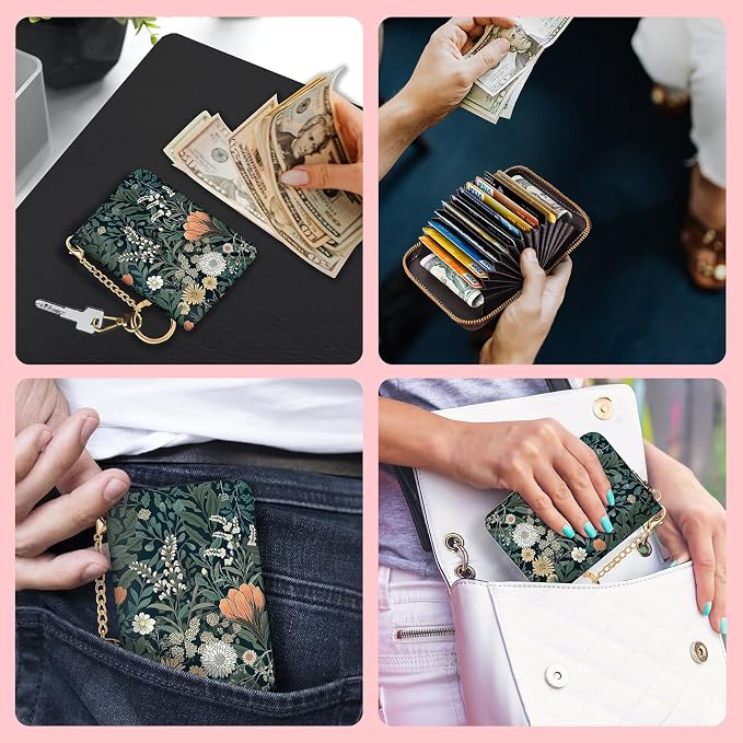 Blusabaca RFID Credit Card Holder Small Women Travel Wallet, Wildflowers | Removable Keychain, Case with Zipper, Vegan PU Leather, Cash Coin Pocket, Business Accordion Purse, Ladies Female Gift