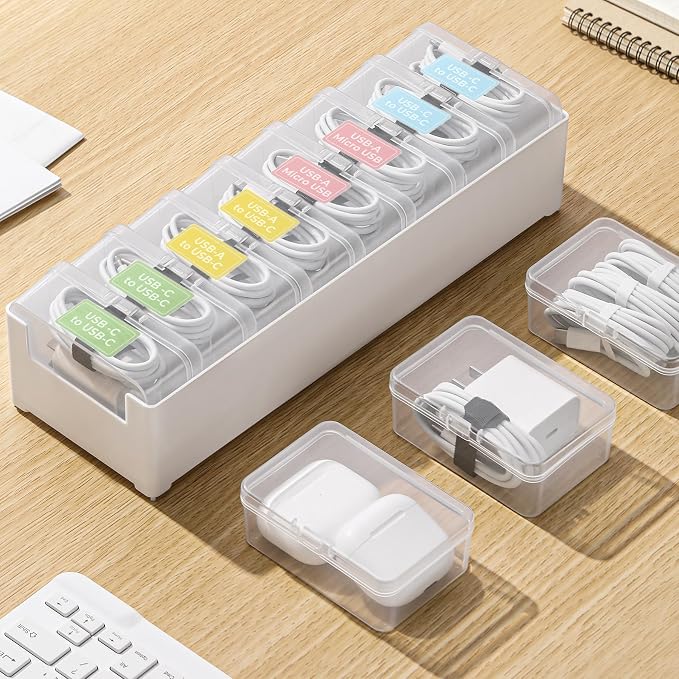 Large Cable Organizer Box with 8 Clear Switch Case, 1 Pack Clear Phone Charger Cable Organizer Box for Home Office Desk Accessories Wire Organization Stationery Supplies (white)