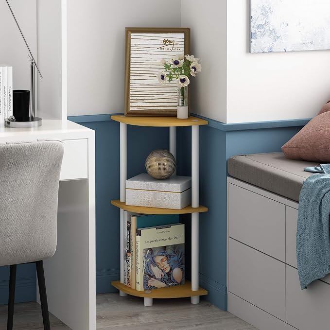 Furinno Turn-N-Tube Toolless Assembly 3-Tier Corner Shelf, Oak Corner Book Shelf, Open Shelves Bookshelf, for Organization and Storage, Living Room, Home Office, Bedroom, Light Beech