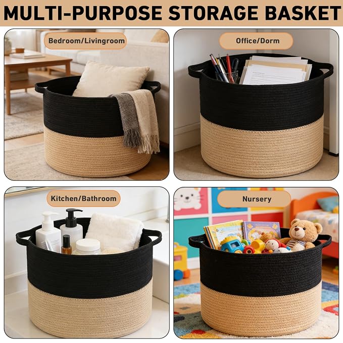 65L Large Blanket Basket,Woven Rope Laundry Basket Hamper with Handles,Decorative Nursery Basket Storage Bin for Toys, Pillows , Clothes Organizer, Living Room, Bedroom, Bathroom, Black&Camel