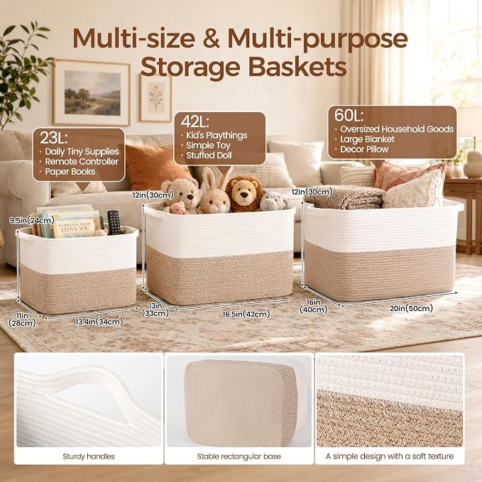 OIAHOMY Cotton Rope Storage Basket, Rectangular Woven Bin with Handles, Small Shelf Bins for Toys Towels Clothes, 13.4x11x9.5 Inches, White and Brown