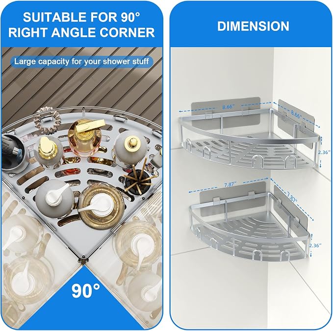Corner Shower Caddy for Bathroom Storage,Silver,2 Pack | No Drilling Bathroom Shower Corner Shelves with Adhesive,Rustproof Shower Organizer