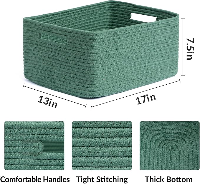 MiniArk Large Storage Baskets for Organizing, 17 x 13 x 7.5” Closet Shelf Baskets for Clothes Blanket Towels, Baby Nursery, Toy Bins Box, Woven Rope Baskets, 4 Packs Green