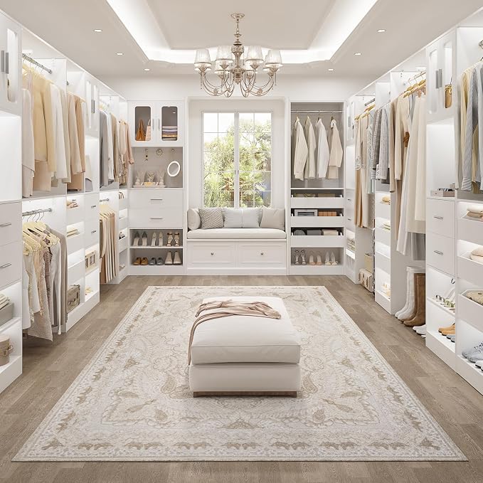 6.7FT-10FT Closet System Set with Half-Open Drawers, 80.5''-120" Wooden Modular Wardrobe Set with Shelving Towers, 80'' Height Closet Organizer with Hanging Rods and 2 Big Wing Shelves, White