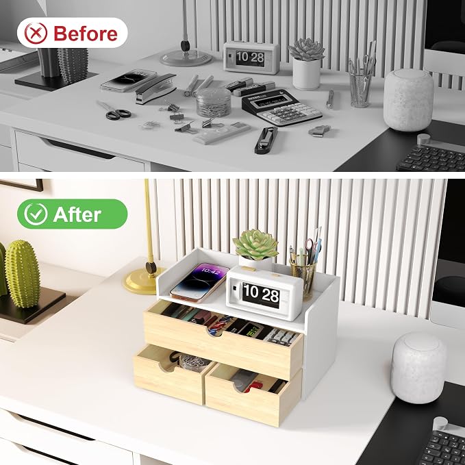 Bamboo Desk Organizer with Drawers, Desktop Storage for Office Supplies | 3 Drawers Desktop organizer, No Assembly Required, Natural Wood Wooden Desktop Drawers Box for Bills, Cosmetics, Seals, Paper