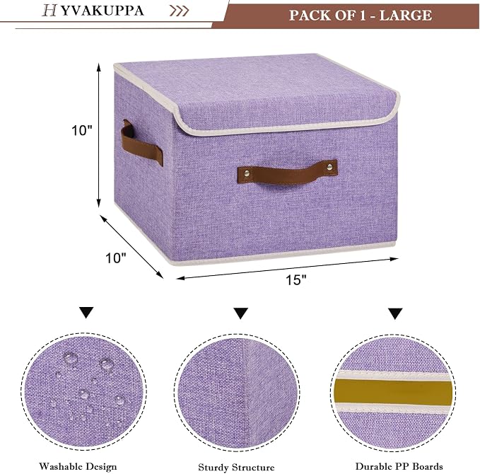 Collapsible Storage Boxes Baskets with Lid Cotton Linen Fabric Storage Bins with Faux Leather Handles Decor Washable Cube Organizer Container for Home Closet Bedroom (Purple, Large Size)