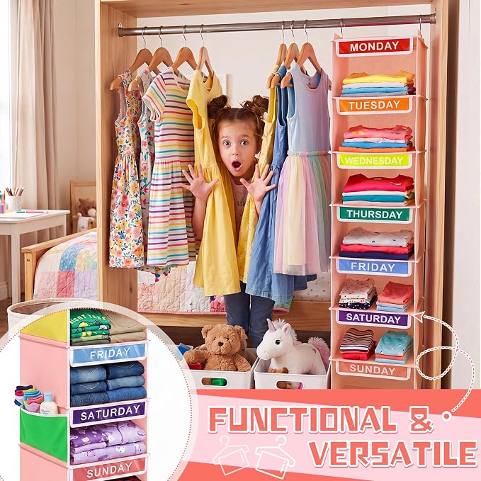 Amylove 2 Pcs 7 Shelf Weekly Clothes Organizer for Kids Hanging Closet Organizer 11. 8 x 11. 8 x 50 Inch Daily Activity Kids Clothes Storage Drawers Cube Drawers Closet Hanging Shelves(Orange Pink)