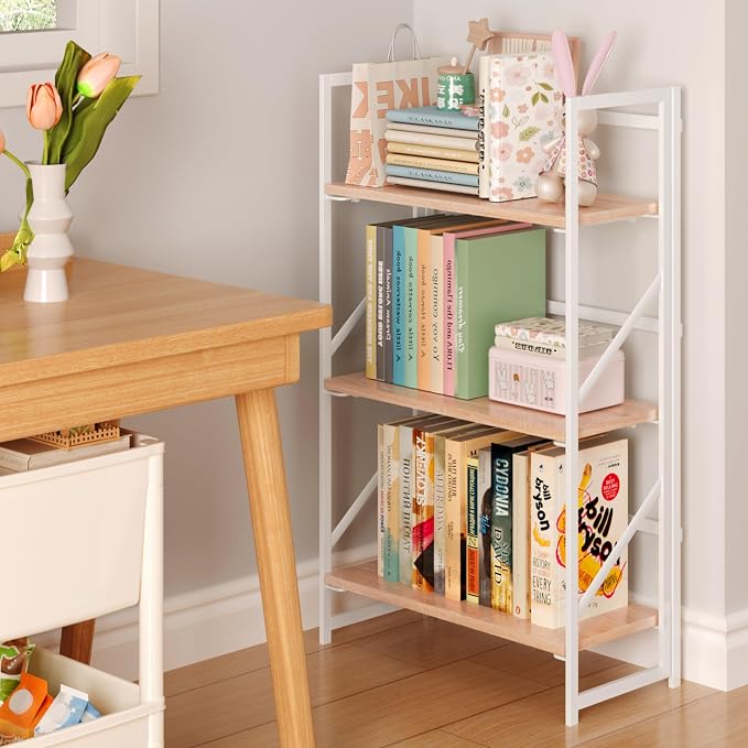JSB 3 Tier No Assembly Folding Bookshelf, Industrial Metal Book Shelf for Storage, Vintage Wood Foldable Bookcase for Living Room, Bedroom, Office Organization Shelves