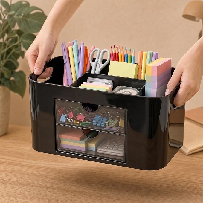 Black Desk Organizer with Drawers, 4 Slots, Side Handles, Pen Holder | Desktop caddy for office supplies, makeup brushes, art & vanity | 5 compartments, 2 pull-out drawers, built-in side handles