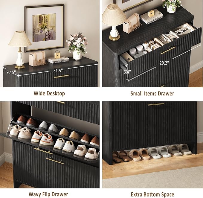Fluted Shoe Storage Cabinet for Entryway, Narrow Wooden Shoe Cabinet with 2 Flip Drawers & Pull-Out Drawer, Modern Freestanding Slim Shoe Organizer Rack for Foyer/Hallway/Living Room, Black