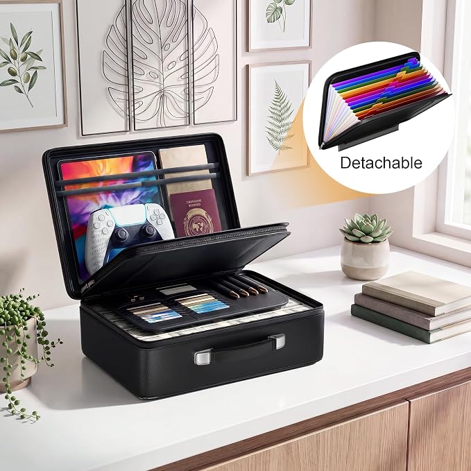 5200°F Fireproof Document Box, Hard-Shell,Fireproof Safe for Home Documents | Fire proof safe document box with lock,detachable accordion file organizer,waterproof digital portable document organiser