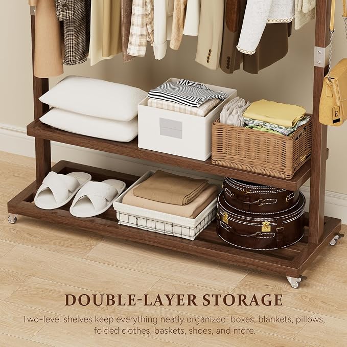 Solid Wood Clothes Rack with Wheels | 3-in-1 Freestanding Garment Rack & Coat Tree, Extra-Long Rod, Two Shelves, 220 lb Load | Organizer for Bedroom & Entryway
