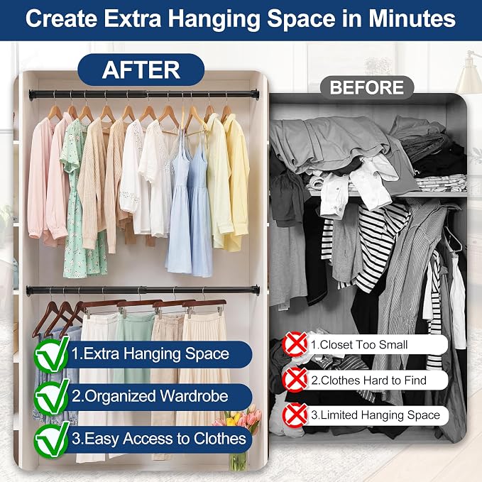 Adjustable Closet Rod for Hanging Clothes, 17-54inch Heavy Duty Metal tension clothes rod，1.3Inches Closet Pole with Hardware Kit for Closet Organization Laundry Room RV, Black