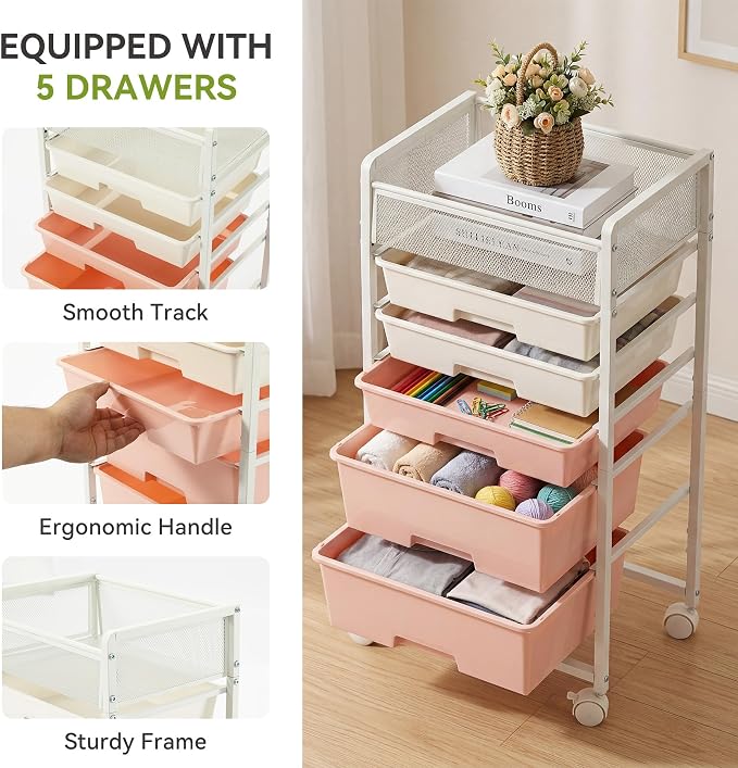 2 Pack Rolling Craft Cart with 5 Drawers, Craft Cart with Wheels, Art Cart Organizer and Storage, Rolling Utility Cart with Handles for Organizing Crafts, Yarn, Toys, School Supplies, etc