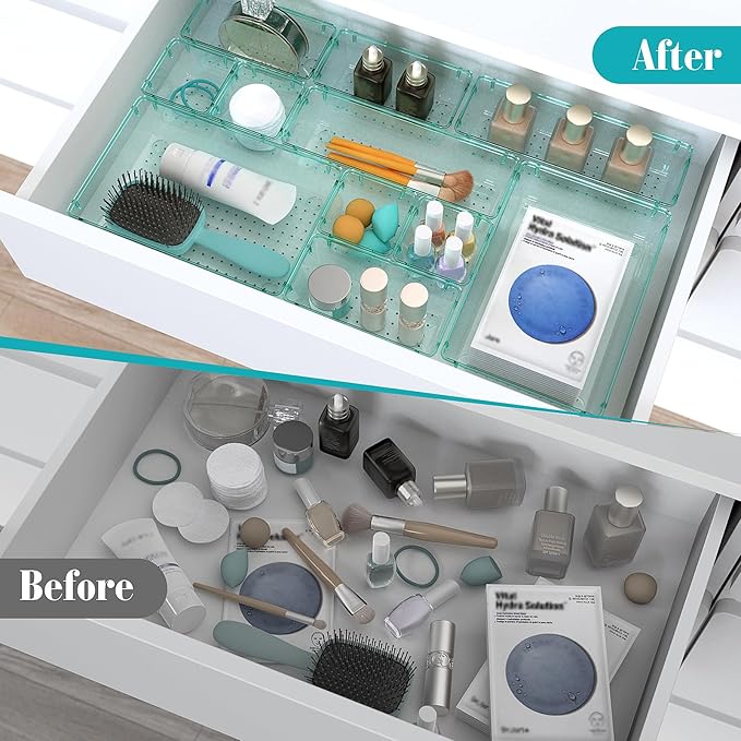 StorMiracle 28 PCS Clear Plastic Drawer Organizers Set, 4 Size Desk Drawer Organizer Trays for Makeup, Jewelry, Kitchen Utensils, Gadgets and Office Accessories, Sea Blue