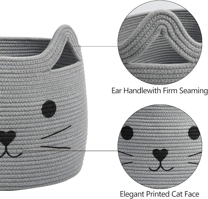 Large Woven Cotton Rope Storage Basket, Baby Laundry Basket Organizer for Towels, Blanket, Toys, Clothes, Gifts | Pet Gift Baskets for Cat, Dog - 15.7" L×11.8" H, Gray