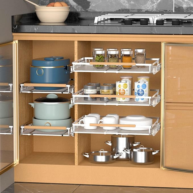 Pull Out Drawer Cabinet Organizer, Expandable Slide Out Storage Shelves - Heavy Duty, Durable and Smooth Slide-Out, 12.3"~18.3" Wide x 22.5" Deep, 2 Pack